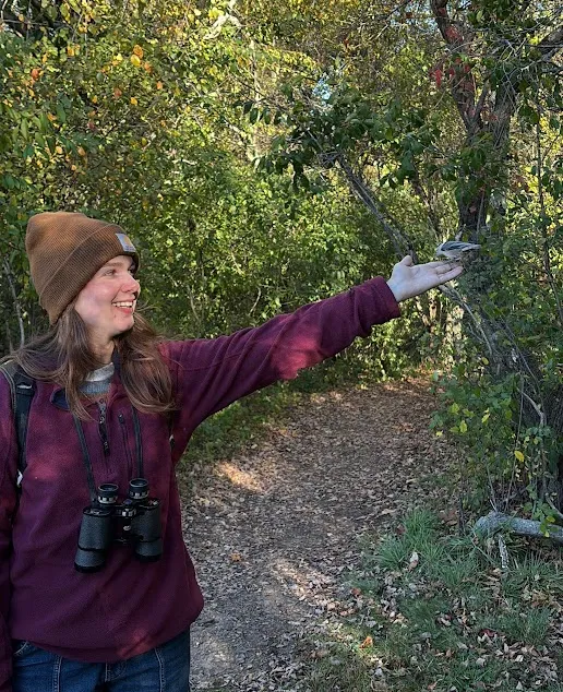 Bird perched on my hand in the woods
